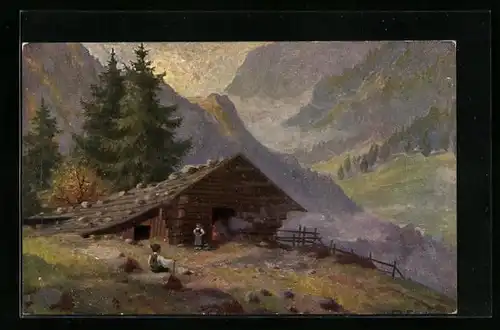 Ölgemälde-Imitations-AK Imita / A.S.-M. Leipzig Nr. 598: Berglandschaft mit einem Holzhaus