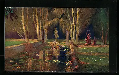 Ölgemälde-Imitations-AK Imita / A.S.-M. Leipzig Nr. 565: Uferlandschaft mit Frauenschule