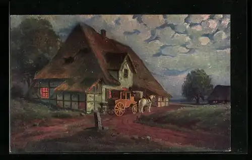 Ölgemälde-Imitations-AK Imita / A.S.-M. Leipzig Nr. 648: Kutsche vor einem Bauernhaus am Abend