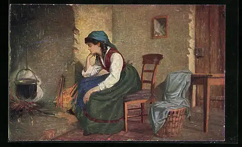 Ölgemälde-Imitations-AK Imita / A.S.-M. Leipzig Nr. 571: Frau sitzt an der Kochstelle