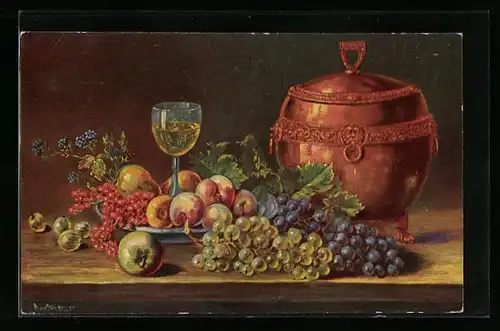 Ölgemälde-Imitations-AK Imita / A.S.-M. Leipzig Nr. 722: Weinglas mit Pfirsichen und Weintrauben neben Kessel