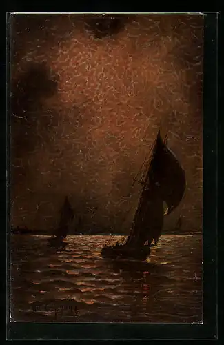 Ölgemälde-Imitations-AK Imita / A.S.-M. Leipzig Nr. 01068: Segelboot bei nächtlicher Fahrt