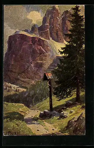 Ölgemälde-Imitations-AK Imita / A.S.-M. Leipzig Nr. 602: Berglandschaft mit Flurkreuz