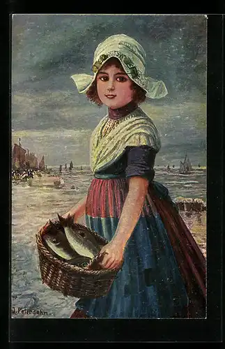 Ölgemälde-Imitations-AK Imita / A.S.-M. Leipzig Nr. 572: Frau mit Fischen im Korb