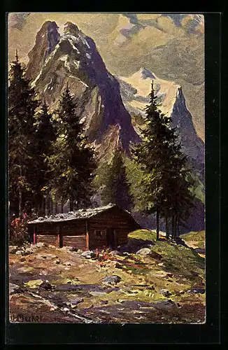 Ölgemälde-Imitations-AK Imita / A.S.-M. Leipzig Nr. 601: Berglandschaft mit einem Holzhaus