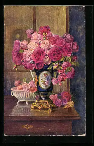 Ölgemälde-Imitations-AK Imita / A.S.-M. Leipzig Nr. 676: Rosen in einer Vase