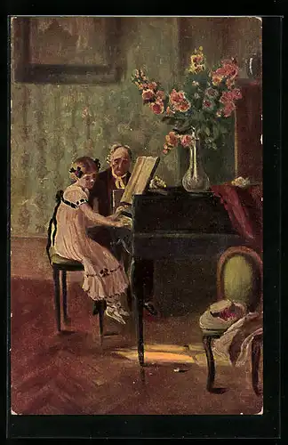 Ölgemälde-Imitations-AK Imita / A.S.-M. Leipzig Nr. 687: Mädchen am Klavier und älterer Herr