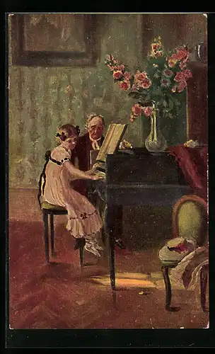 Ölgemälde-Imitations-AK Imita / A.S.-M. Leipzig Nr. 687: Mädchen am Klavier und älterer Herr