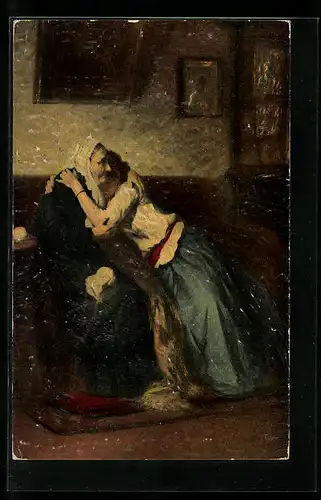 Ölgemälde-Imitations-AK Imita / A.S.-M. Leipzig Nr. 407: Frau umarmt ältere Dame mit Haube