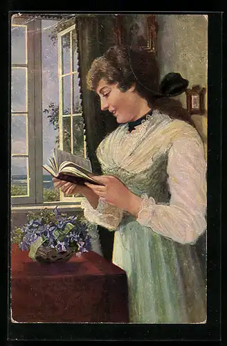 Ölgemälde-Imitations-AK Imita / A.S.-M. Leipzig Nr. 587: Frau beim Lesen am Fenster