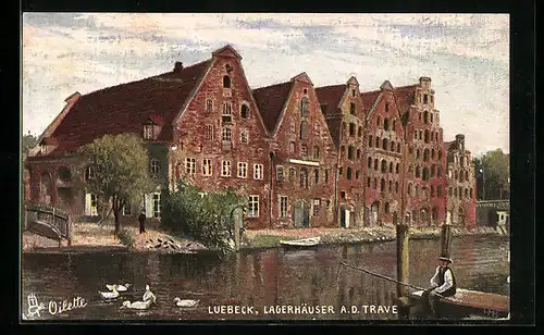 Künstler-AK Raphael Tuck & Sons Nr. 175 B: Lübeck, Lagerhäuser an der Trave