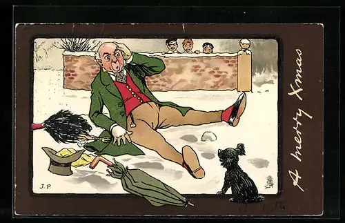 Künstler-AK Raphael Tuck & Sons Nr. 1805: Mann ist im Schnee ausgerutscht, Weihnachtsgruss