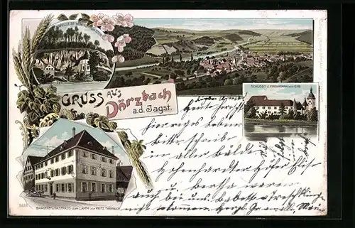 Lithographie Dörzbach a. d. Jagst, Ortsansicht, Brauerei u. Gasthaus zum Lamm v. Fritz Thierauch