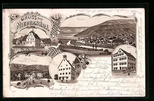 Lithographie Niedernhall, Götzenhaus, Fabrik v. Schaufler u. Wundt, Post