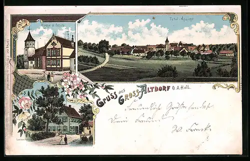 Lithographie Grossaltdorf / Vellberg, Ortsansicht, Kirche u. Schule, Conditorei Votteler