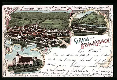 Lithographie Braunsbach a. Köcher, Ortsansicht, Schloss, Villa Pfeiffer u. Neue Brücke