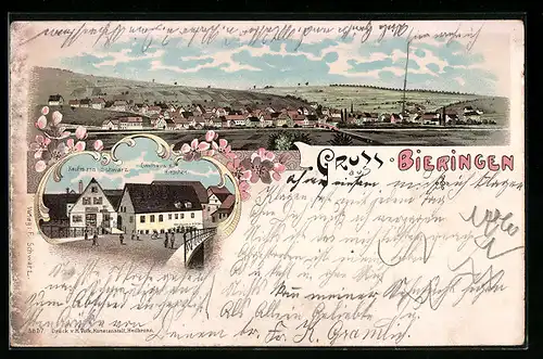 Lithographie Bieringen, Ortsansicht, Gasthaus z. Hirschen, Kaufmann Schwarz