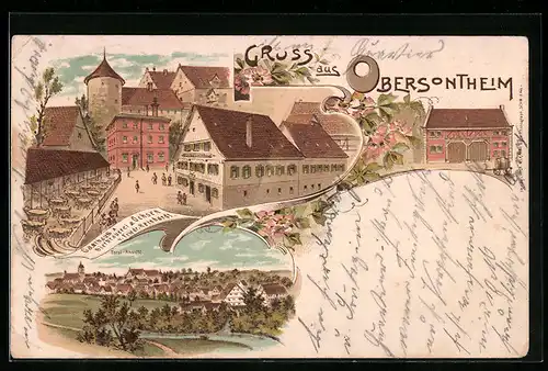 Lithographie Obersontheim, Ortsansicht, Gasthaus u. Bierbrauerei z. Ochsen v. Friedr. Reinhardt