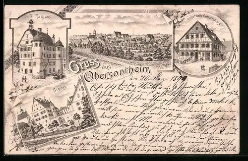 Lithographie Obersontheim, Ortsansicht, Rathaus, Schloss, Schubarts Geburtshaus