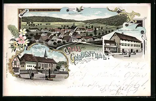 Lithographie Gnadental / Württ., Gasthaus zum Hirsch, Kirche mit altem Kloster und Pfarrhaus