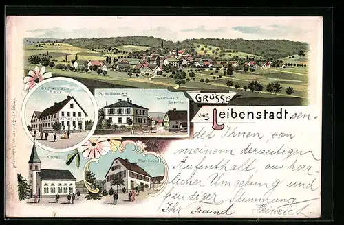 Lithographie Leibenstadt, Ortsansicht, Gasthaus zum Adler, Gasthaus z. Lamm, Schulhaus, Kirche, Pfarrhaus