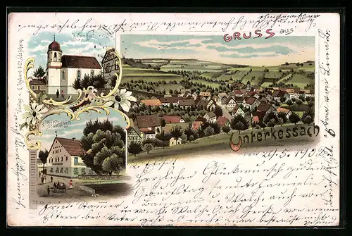 Lithographie Unterkessach, Ortsansicht, Kirche, Wirtschaft F. Stammer