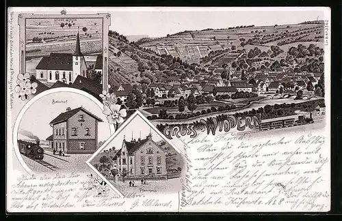 Lithographie Widdern, Ortsansicht, Stadt-Kirche, Bahnhof, Pfarrhaus
