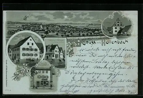 Lithographie Hollenbach, Ortsansicht, Gasthaus zum Adler v. L. Weinmann, Amthaus