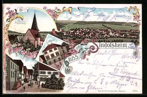 Lithographie Sindolsheim, Ortsansicht, Kirche u. Pfarrhaus, Schulhaus, Hauptstrasse