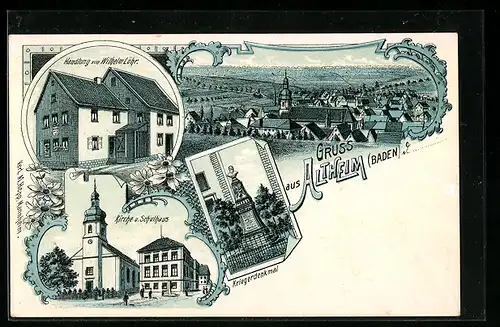 Lithographie Altheim /Walldürn, Ortsansicht, Handlung v. Wilhelm Löhr, Kirche u. Schulhaus, Kriegerdenkmal