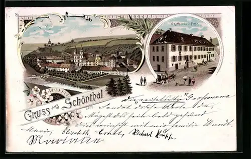 Lithographie Schönthal, Gasthaus zur Post, Ortsansicht