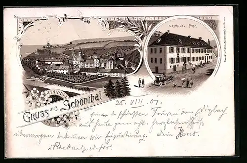 Lithographie Schönthal, Gasthaus zur Post, Ortsansicht
