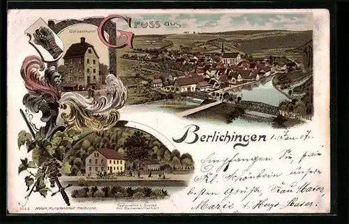 Lithographie Berlichingen, Ortsansicht, Götzenturm, Restauration z. Brücke mit Gartenwirtschaft