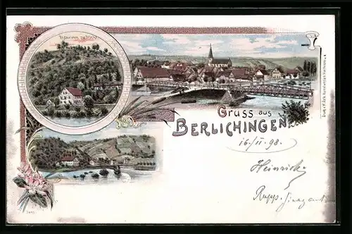 Lithographie Berlichingen, Ortsansicht, Restauration zur Brücke