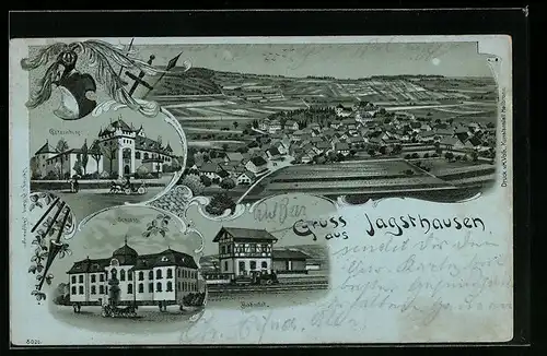 Lithographie Jagsthausen, Ortsansicht, Götzenburg, Schloss, Bahnhof