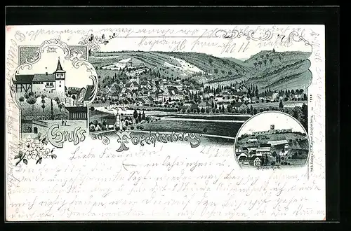 Lithographie Forchtenberg, Ortsansicht, Diebsturm, Schloss-Ruine