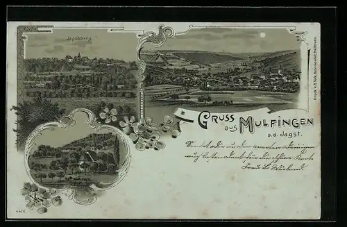 Mondschein-Lithographie Mulfingen a. d. Jagst, Ortsansicht, Jagstberg