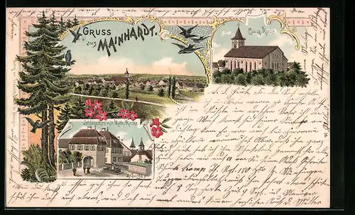 Lithographie Mainhardt, Ortsansicht, Evang. Kirche, Schlösschen mit Kath. Kirche