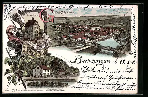 Lithographie Berlichingen, Restaurant z. Brücke mit Gartenwirtschaft, Götzenthurm, Gesamtansicht