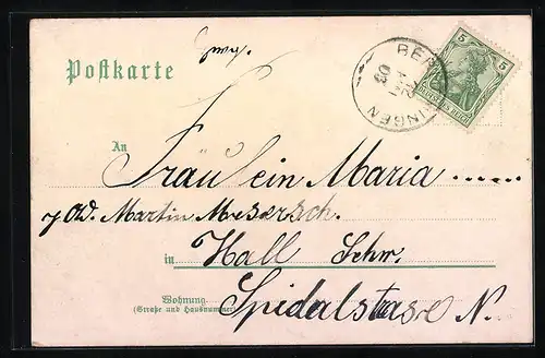 Lithographie Berlichingen, Restaurant z. Brücke mit Gartenwirtschaft, Götzenthurm, Gesamtansicht