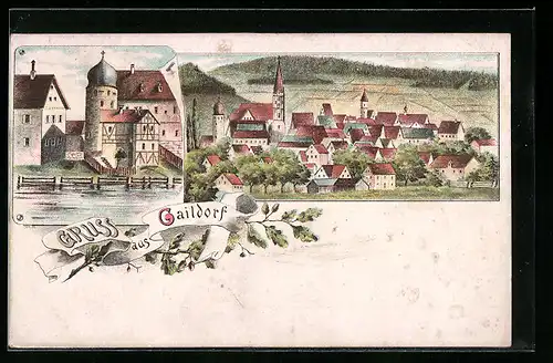 Lithographie Gaildorf, Ortsansicht mit Kirche