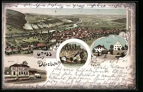 Lithographie Dörzbach, Ortsansicht, Bahnhof, Schloss, Kapelle St. Wendel zum Stein