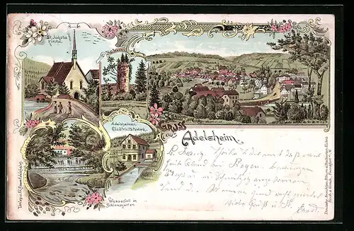 Lithographie Adelsheim, Elektrizitätswerk, St. Jakobs-Kirche, Wasserfall im Schlossgarten