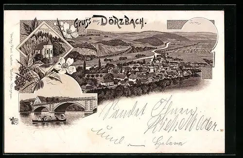 Lithographie Dörzbach, Ortsansicht, St. Wendel z. Stein, Brücke m. Ruderpartie