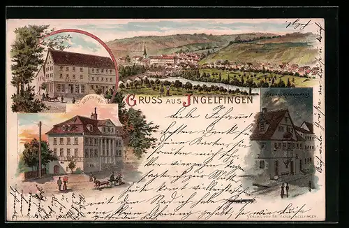 Lithographie Ingelfingen, Ortsansicht, Apotheke, Bezirkskrankenhaus