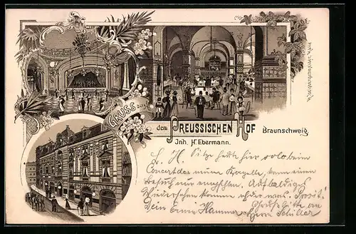 Lithographie Braunschweig, Gasthaus Preussischer Hof, Innenansichten