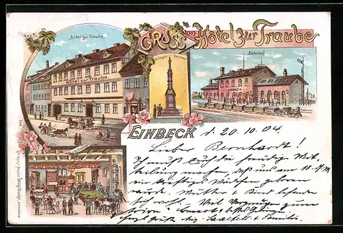 Lithographie Einbeck, Hotel zur Traube, Innenansicht, Bahnhof