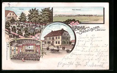 Lithographie Bennigsen a. Deister, Hotel zum blauen Engel, Inneres Saal, Garten