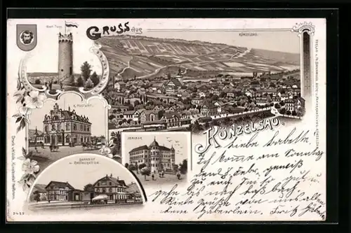 Lithographie Künzelsau, Bahnhof und Restaurant, Seminar, K. Postamt