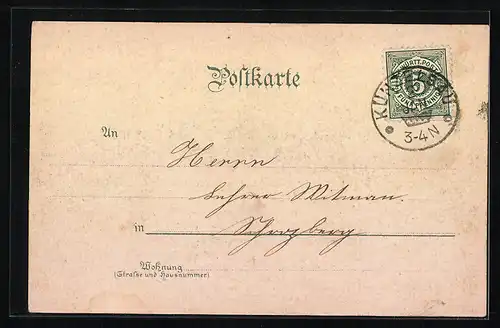 Lithographie Künzelsau, Teilansicht mit Kirche